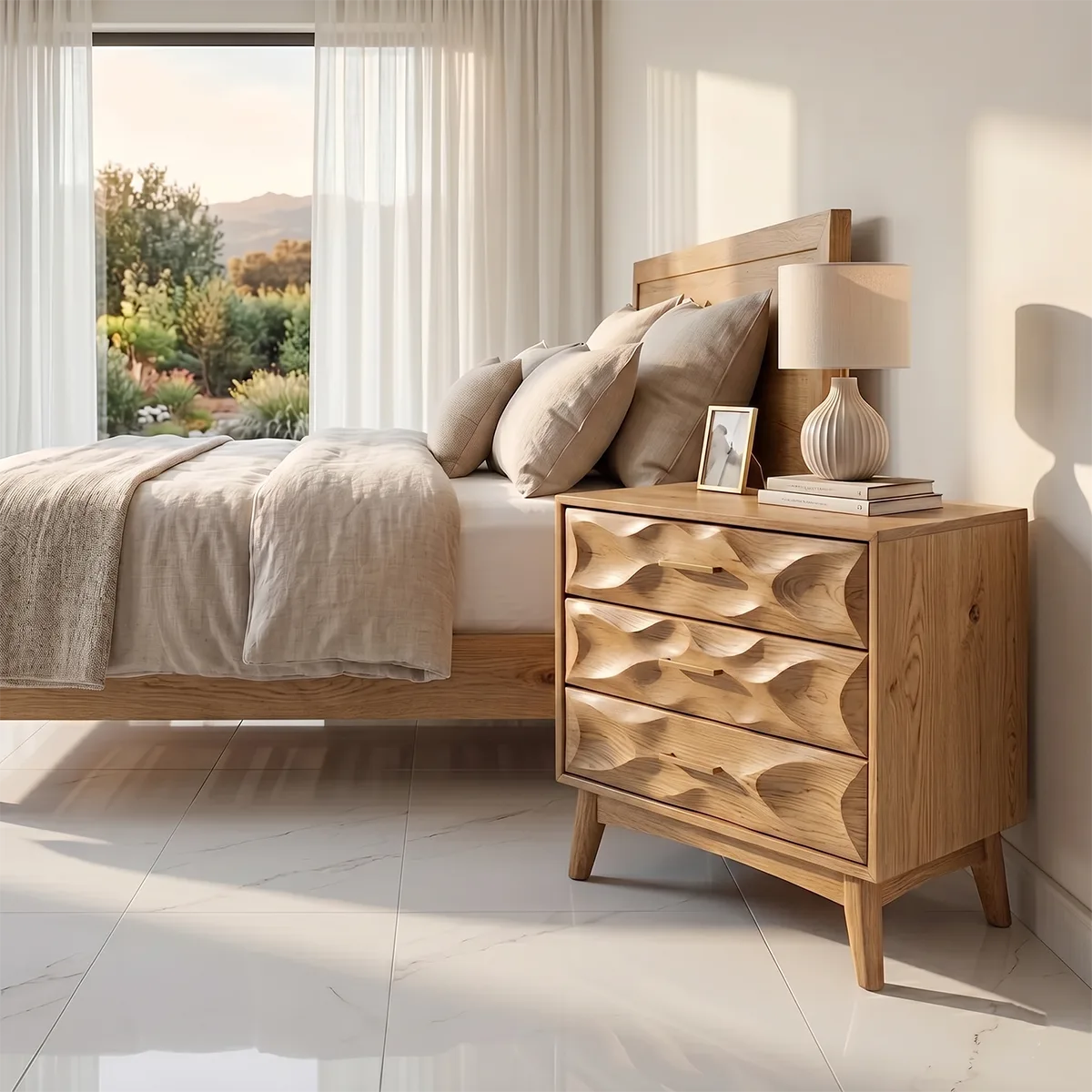 Modern Nightstand with 3 Drawers | Sculptural Contemporary Bedside Table TH003-5140