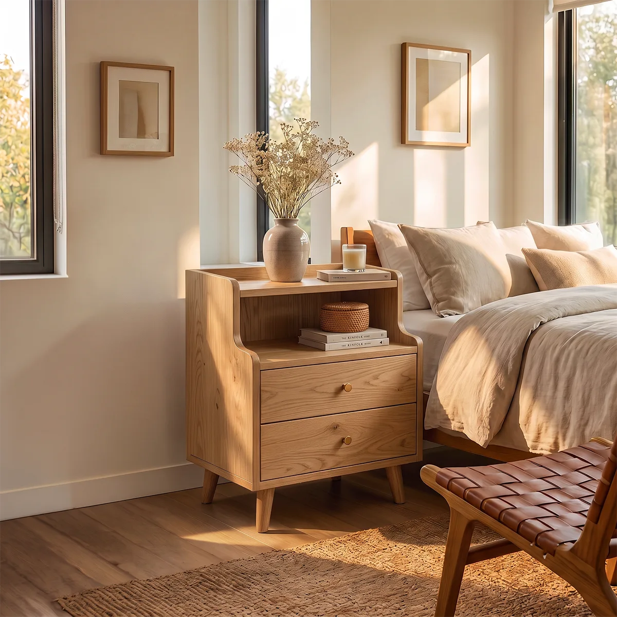 Modern 2-Drawer Nightstand with Open Shelf | Tall Bedside Table with Tapered Legs HG021-7TNK8GF