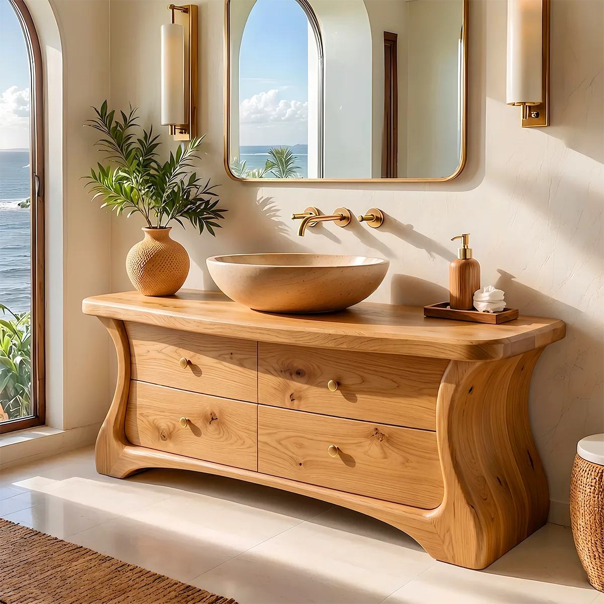 Modern Curved Bathroom Vanity with Four Drawers and Sculptural Silhouette HG021-4553