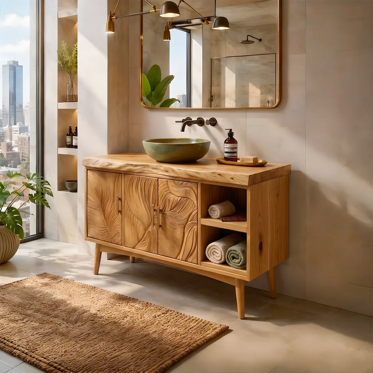Tropical Modern Bathroom Vanity with Hand-Carved Doors and Open Storage HG021-1910