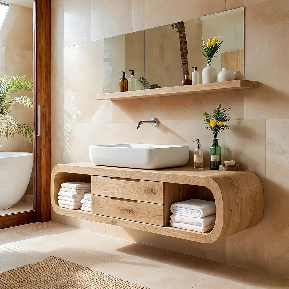 Handcrafted Curved Solid Wood Floating Vanity Cabinet with Drawers and Open Shelves