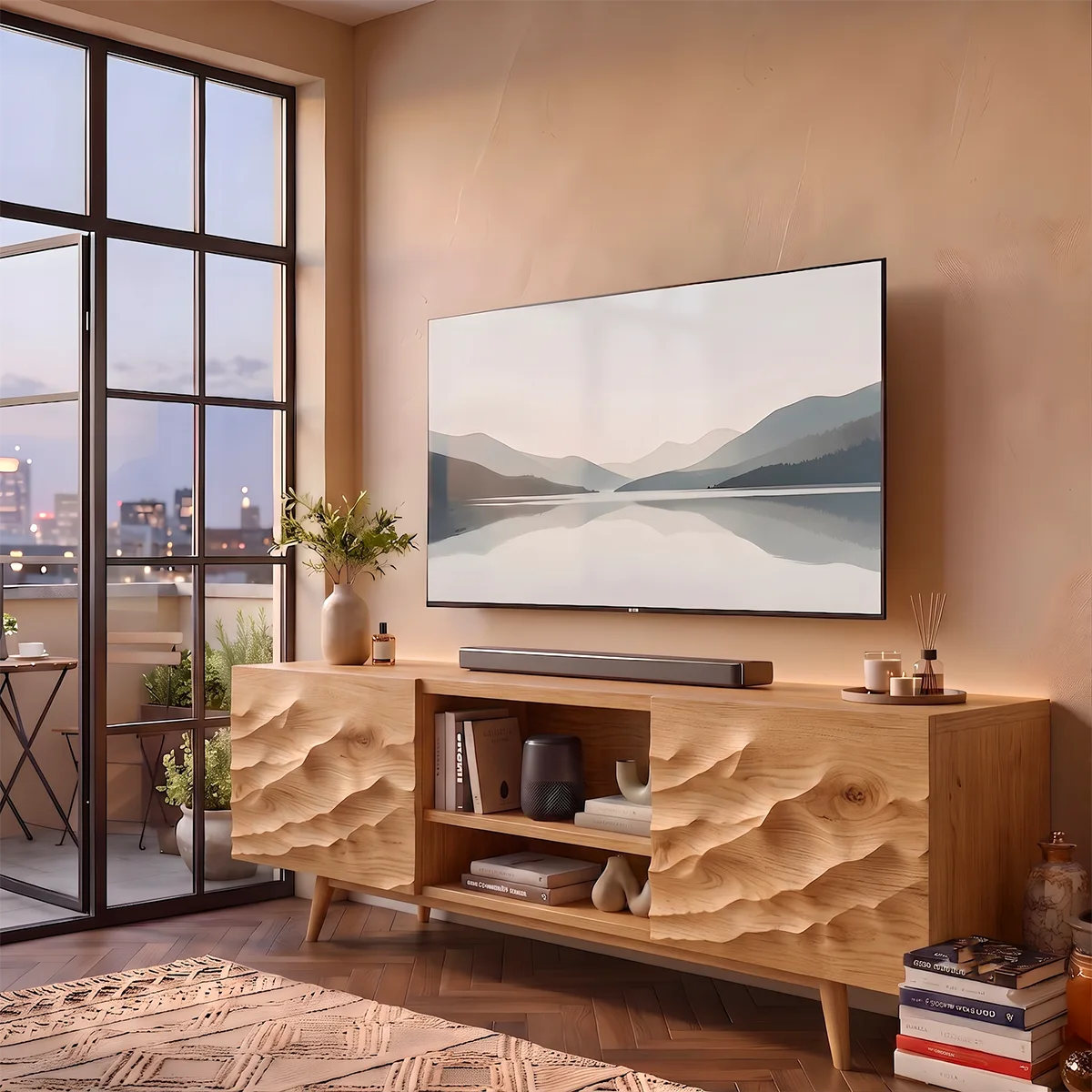 Modern Mountain Relief TV Stand | Contemporary Media Console with Sculpted Landscape Doors HG021-5KXU7XE