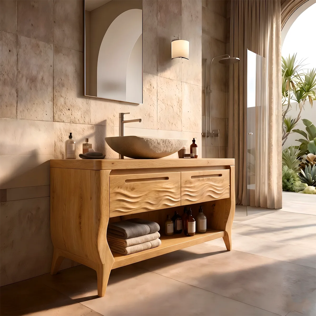 Solid Wood Bathroom Vanity with Open Shelf | Wave Carved Double Drawer Bathroom Vanity Cabinet HG021-3694