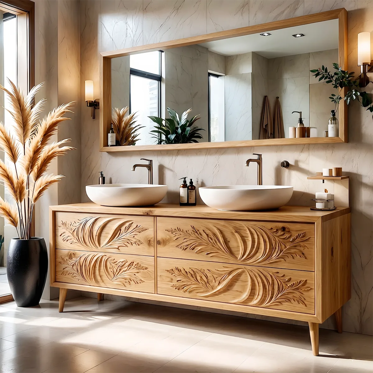 Floral Carved Double Vanity Cabinet for Modern Bathrooms HG021-1886