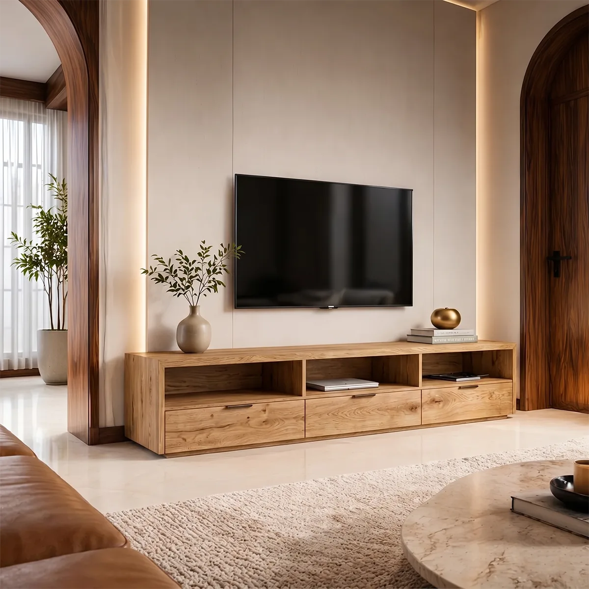 Modern Media Console with Open Shelves and 3 Drawers