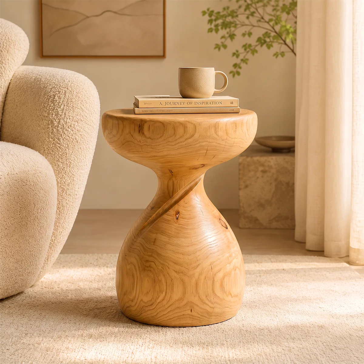 Sculptural Twist Wood End Table | Round Curved Pedestal Side Table TT006-4LXI5HY