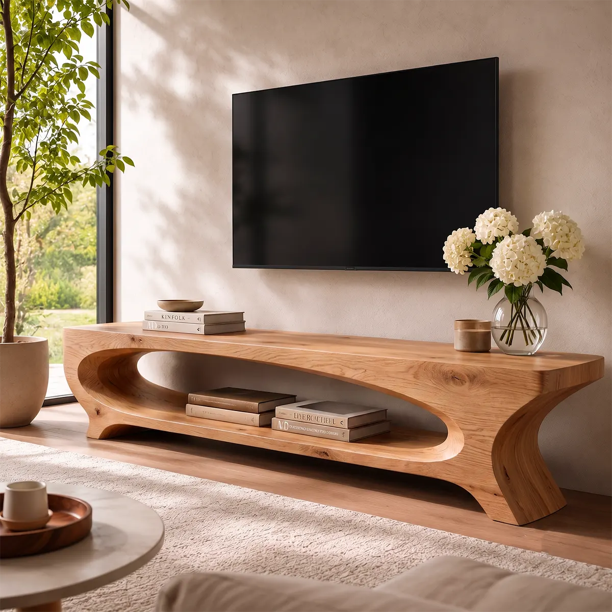 Sculptural Curved TV Stand with Large Open Shelf | Modern Low Profile Media Console TT006-7JCI6KI
