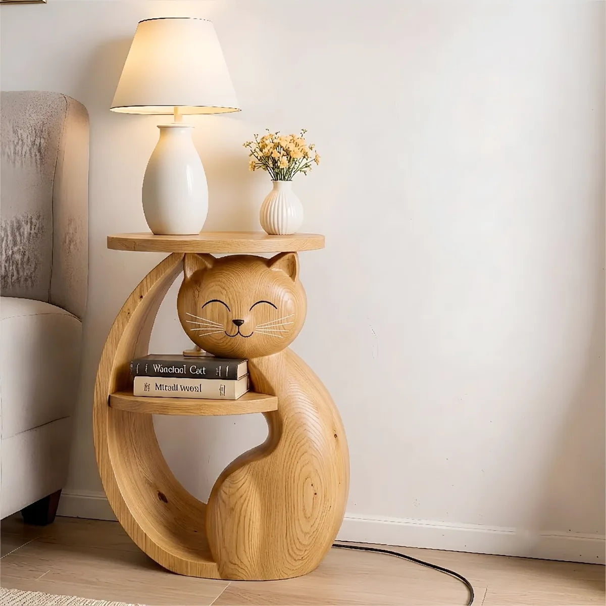 Whimsical Solid Wood Cat Side Table for Living Rooms & Cat Lovers HG021-4574