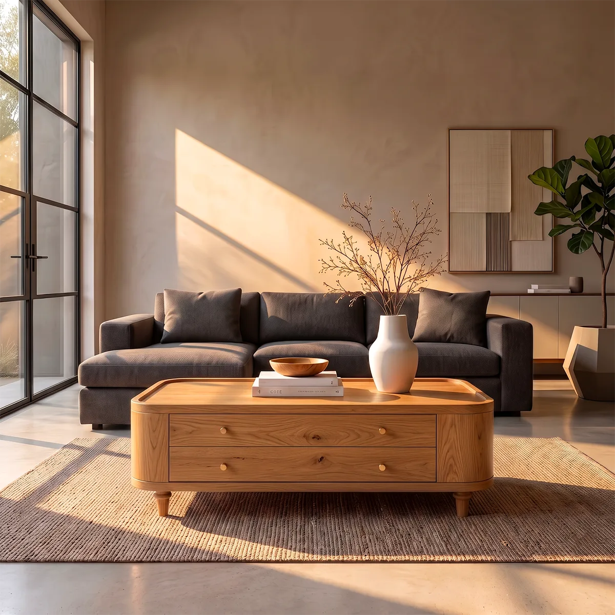 Rectangular Coffee Table with 2 Storage Drawers & Rounded Corners | Modern Living Room Table HG021-5JOP8KT