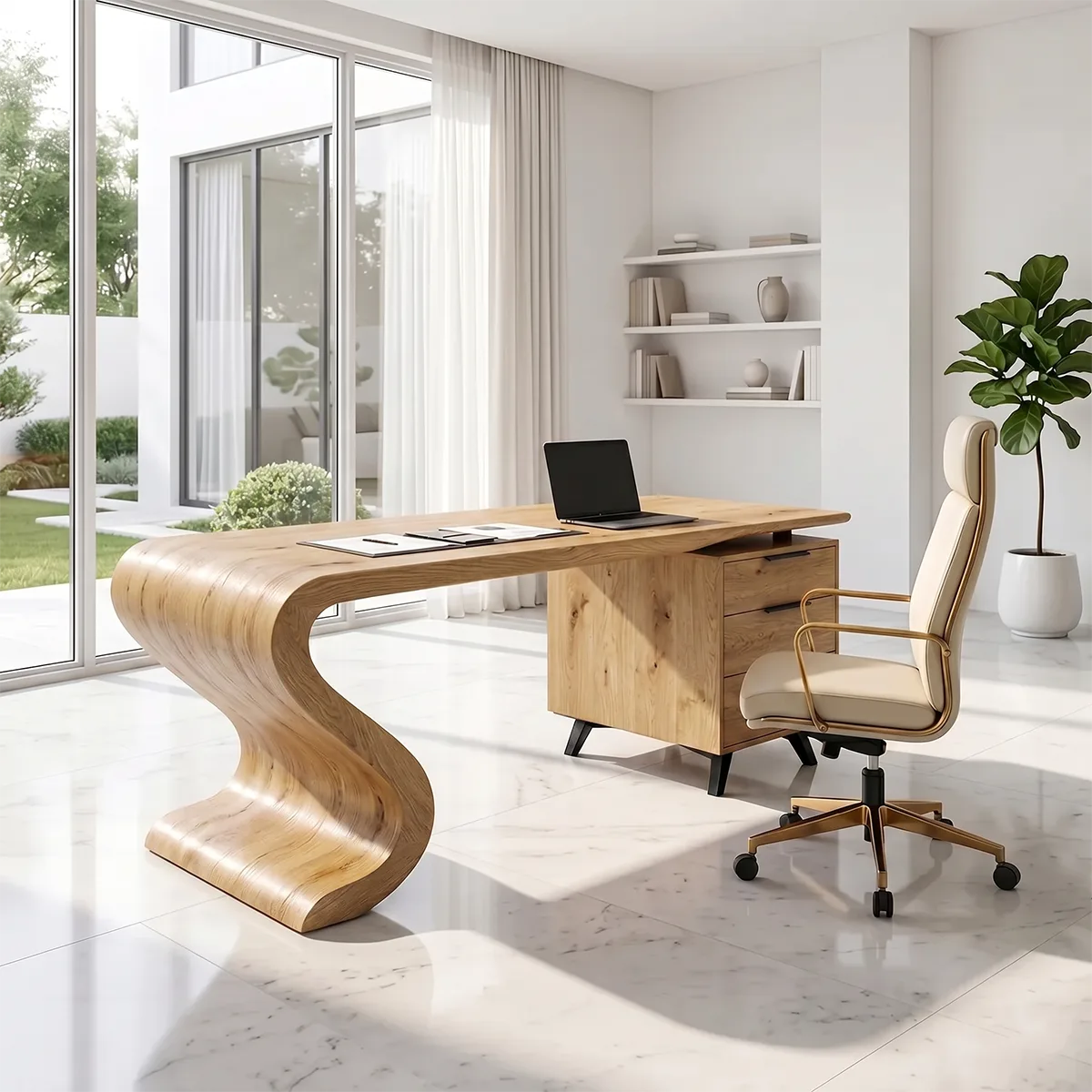 Modern Waterfall Executive Desk | Luxury Office Desk with Storage TH003-4470