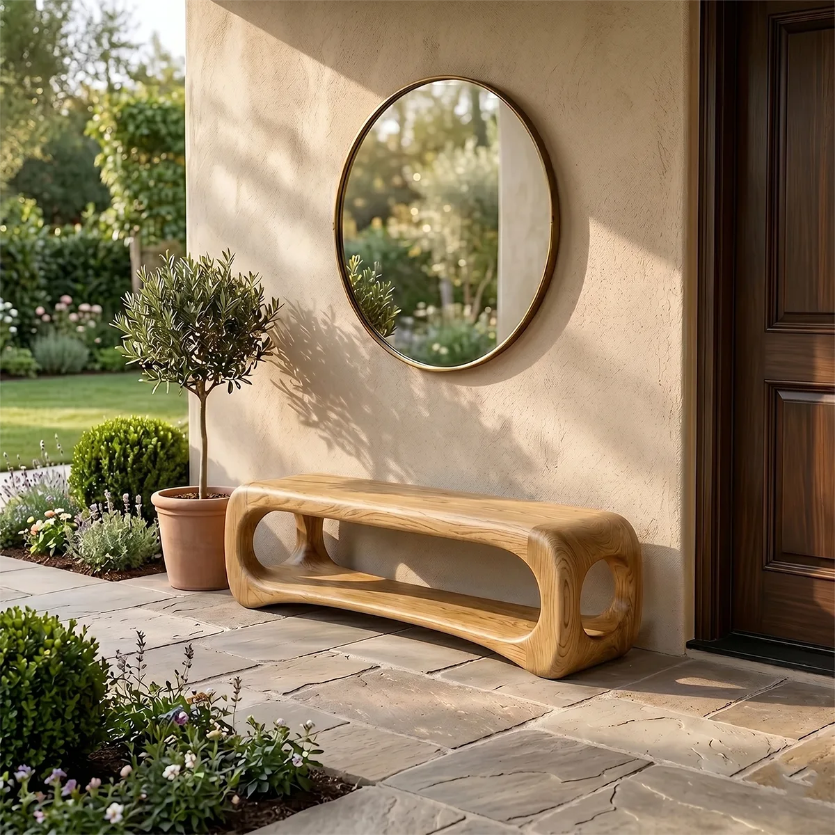 Organic Sculptural Entryway Bench with Integrated Open Shelf TH003-1182
