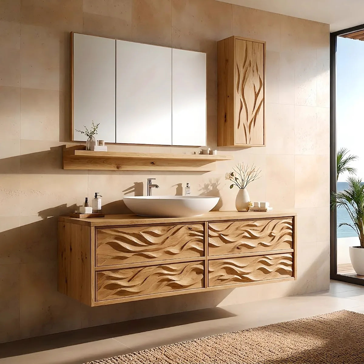 Carved Floating Bathroom Vanity | Sculptural Wall Mounted Bathroom Cabinet HG021-5018