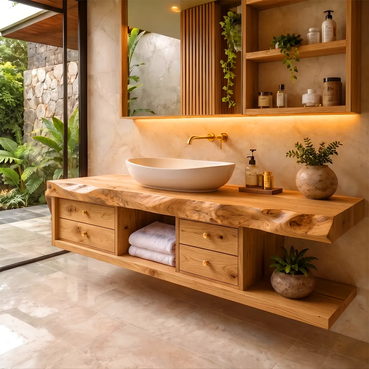 Live Edge Floating Bathroom Vanity | Wood Vanity with Drawers & Open Storage TT006-4VIS1BS
