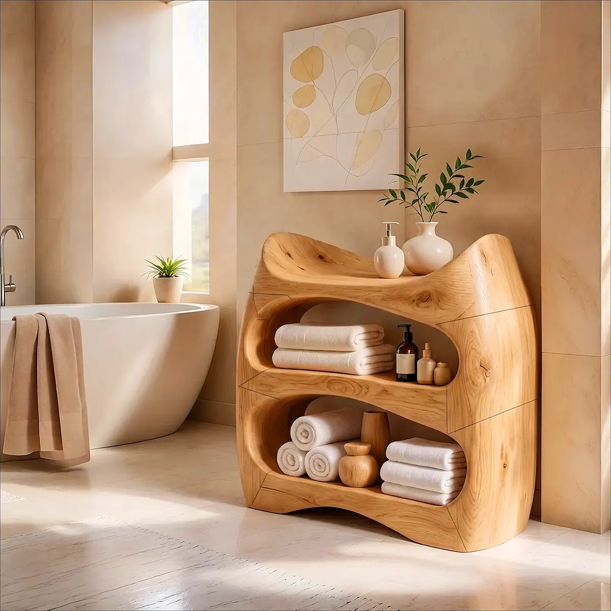 Sculptural Bathroom Vanity with Open Shelves | Freestanding Curved Vanity TT006-5ZSC4PA