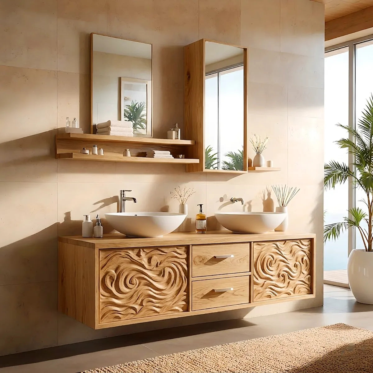 Double Sink Floating Bathroom Vanity | Luxury Carved Bathroom Cabinet HG021-2771
