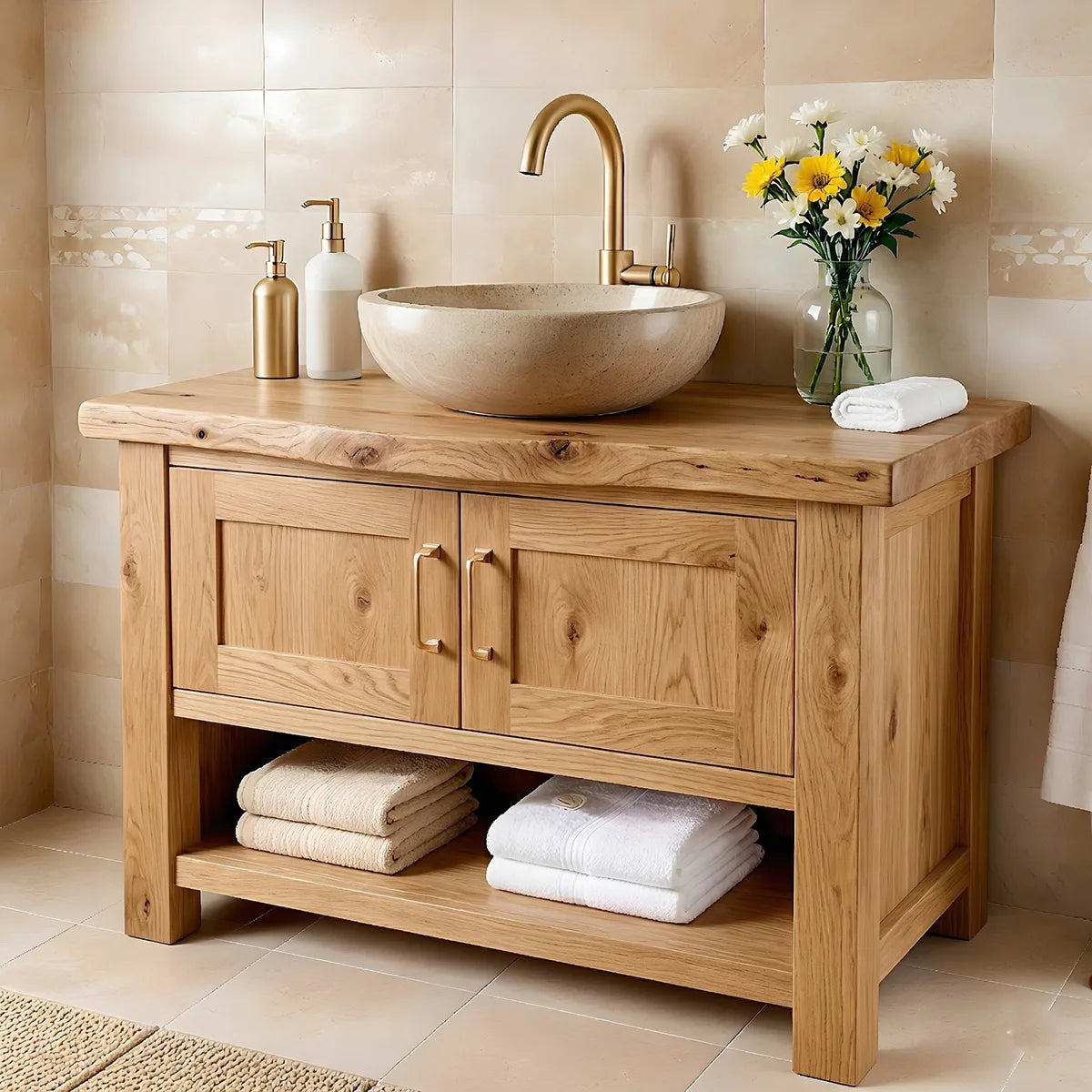 Handcrafted Natural Solid Wood Vanity Cabinet with Double Doors and Open Shelf