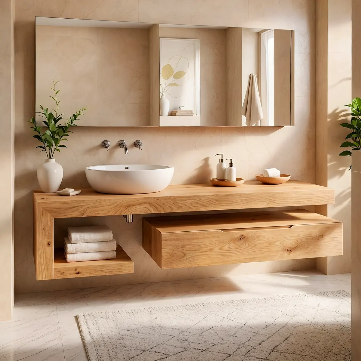 Floating Bathroom Vanity with Drawer & Open Shelf | Modern Curved Wall-Mounted Design TT006-2ZDO7SU