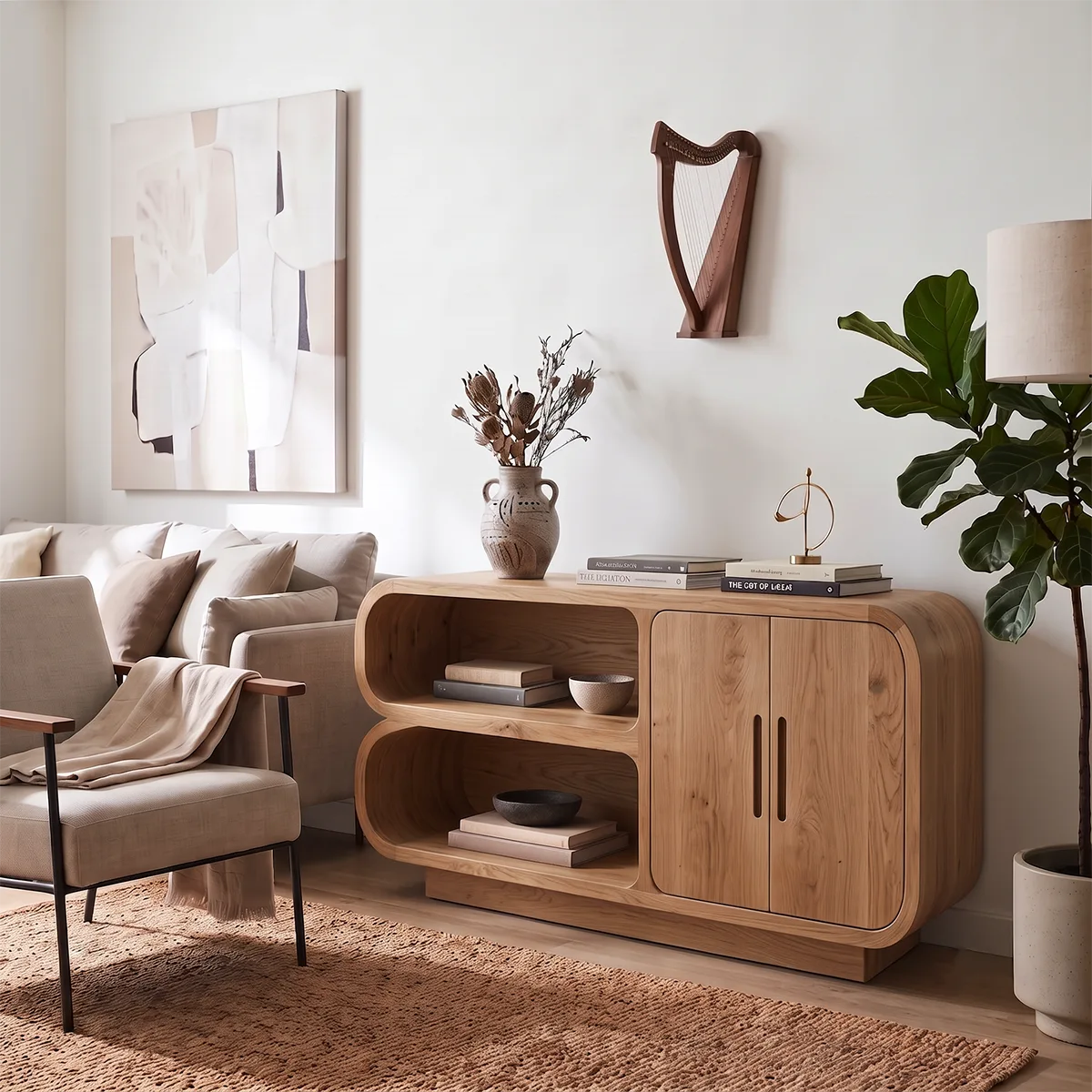 Modern Sideboard with 2 Open Shelves and 2 Cabinet Doors | Rounded Storage Cabinet HG021-6RWO4UC
