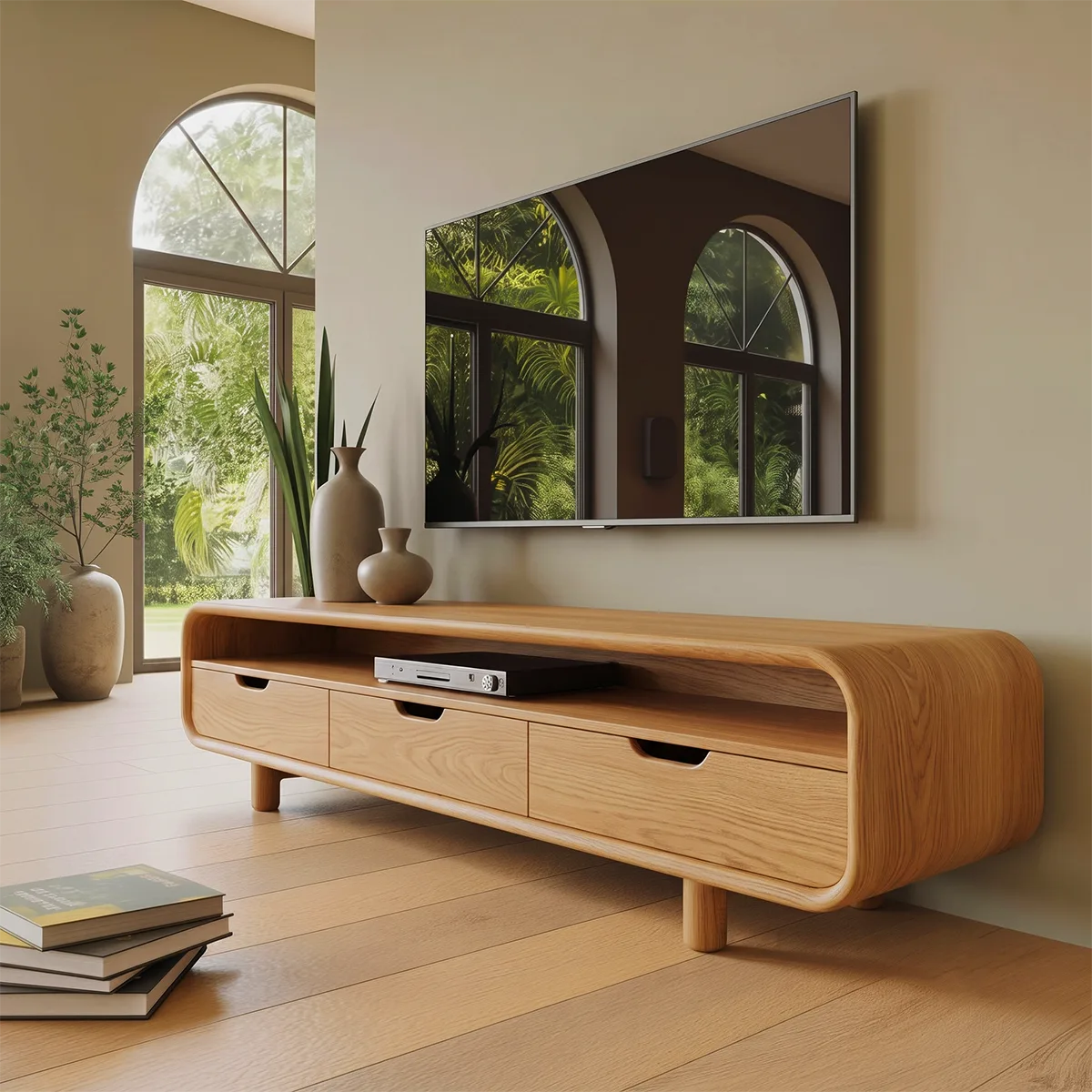 Rounded Wood TV Stand with 3 Drawers | Modern Media Console HG021-6RPM7IQ