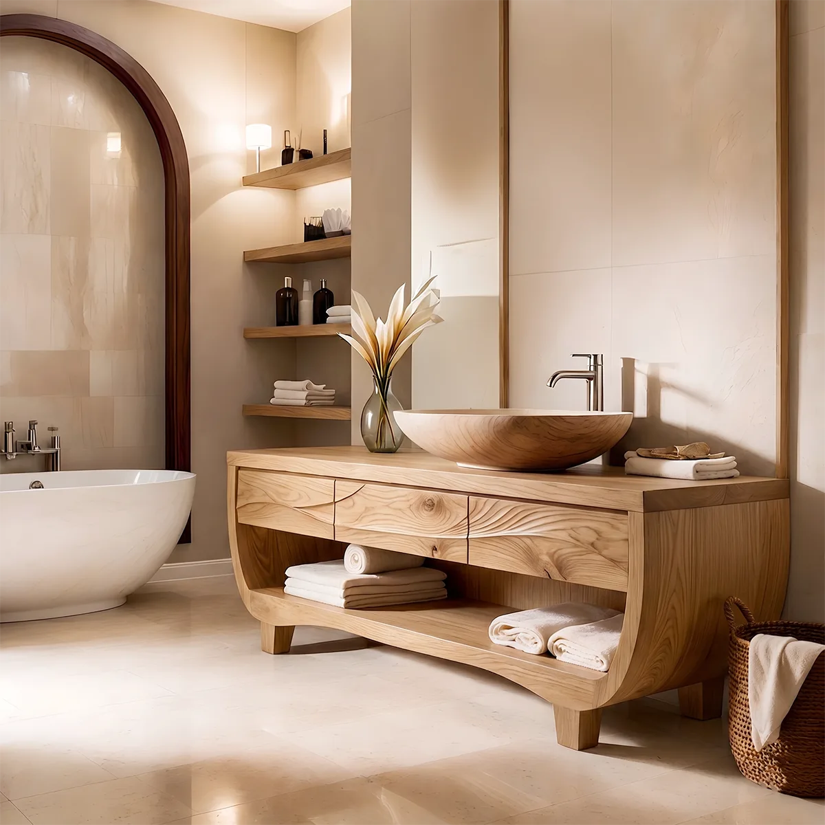 Solid Wood Double Sink Bathroom Vanity | Curved Bathroom Vanity Cabinet with Open Shelf & Drawers HG021-2095