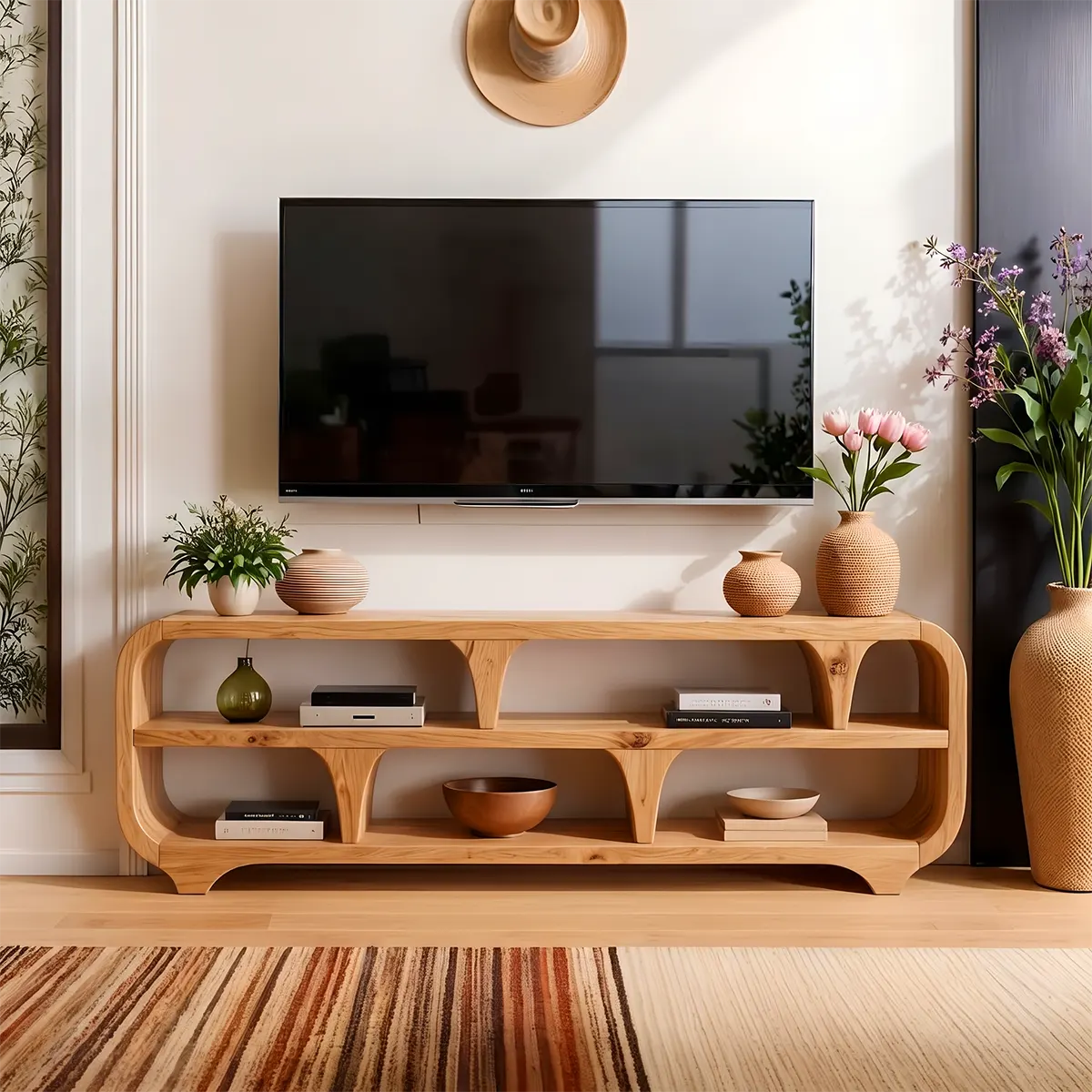 Modern Open Shelf TV Stand with Sculptural Curved Design | Organic Media Console TT006-6RPU8SU