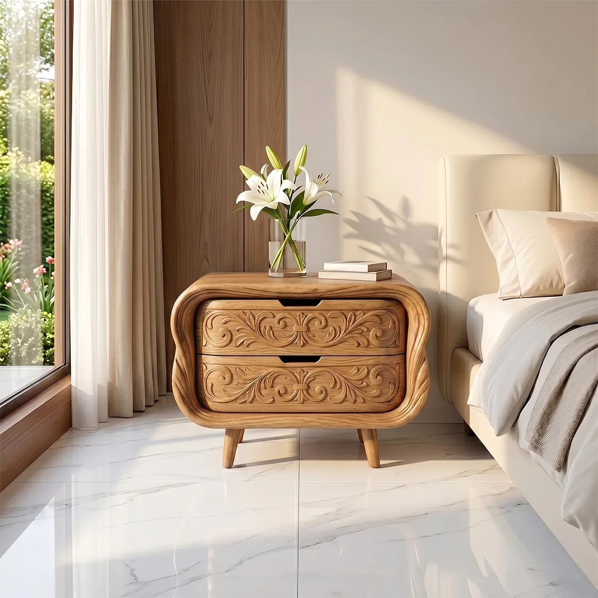 Carved Nightstand with 2 Drawers | Luxury Sculptural Bedside Table TH003-7822