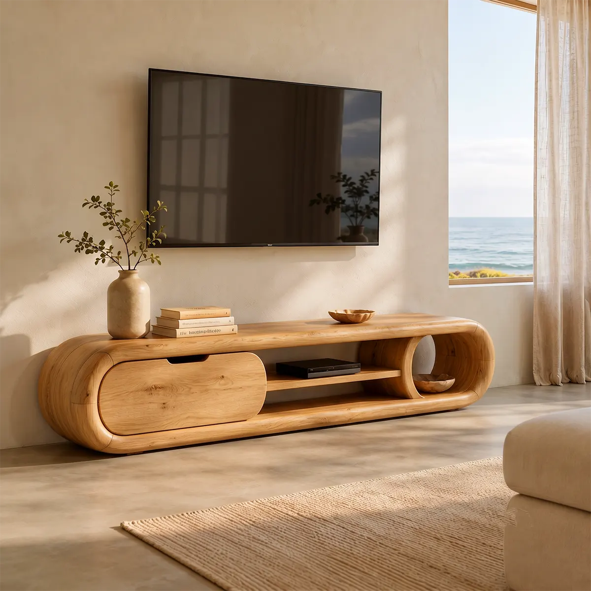 Modern Curved TV Stand with Enclosed Storage & 3 Open Compartments TT006-6RBE5GQ