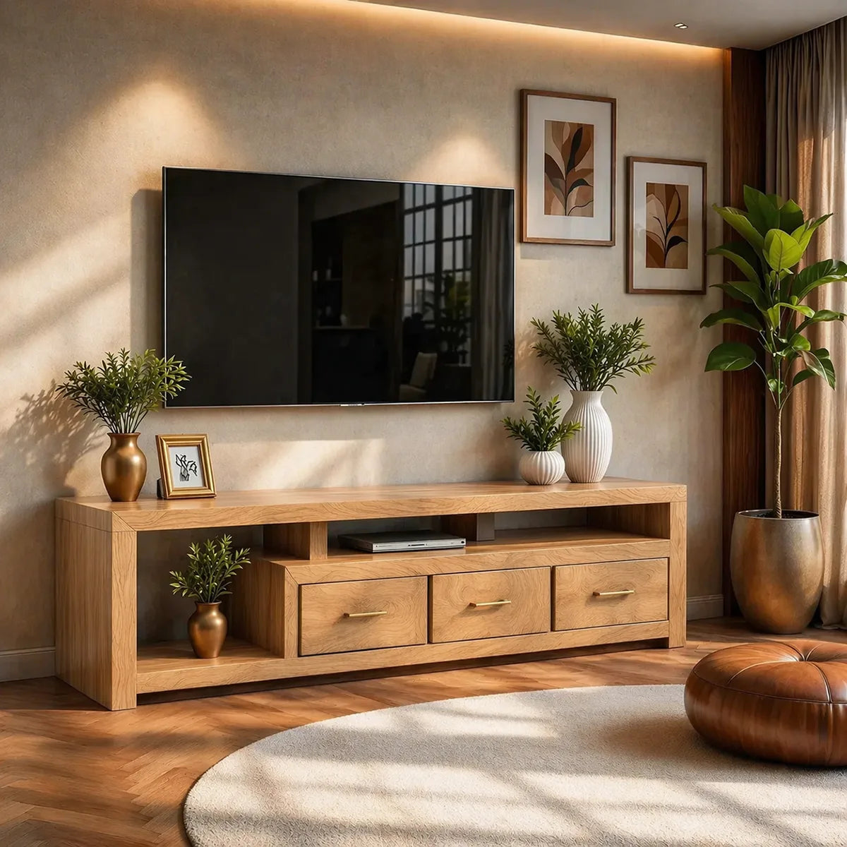 Solid Wood TV Stand with Open Shelves and 3 Drawers