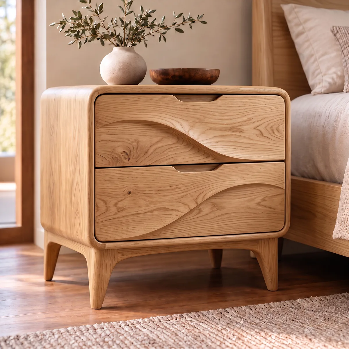 Sculptural Wave 2-Drawer Nightstand | Modern Bedside Table with Carved Drawer Fronts HG021-5AYQ3CA