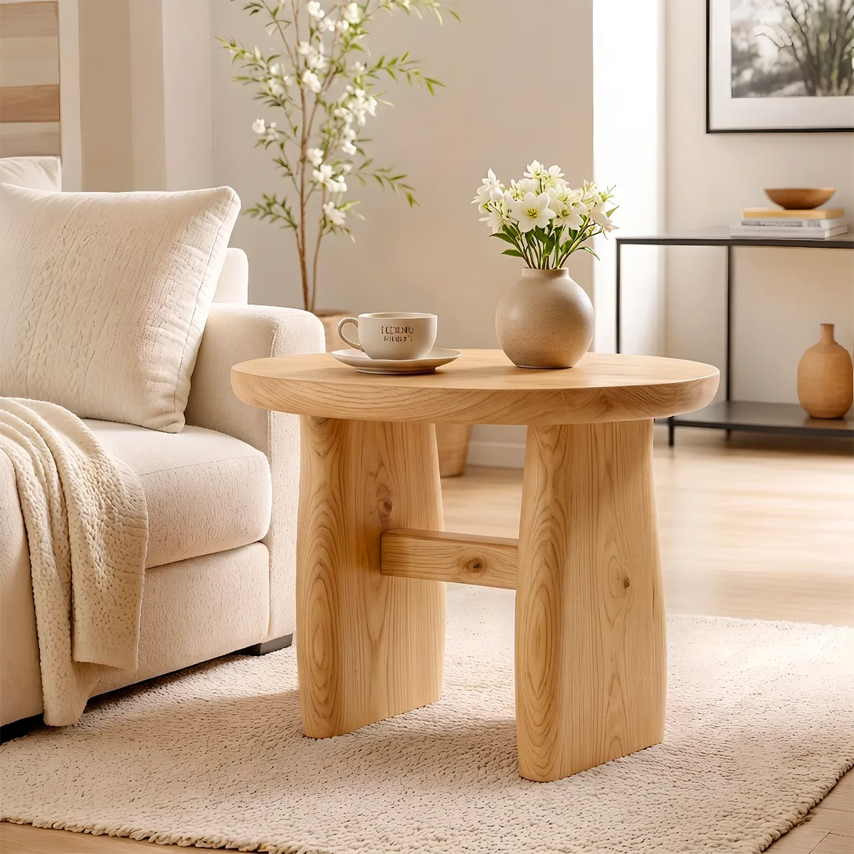 Modern Round End Table | Sculptural Dual-Pedestal Side Table HG021-7122