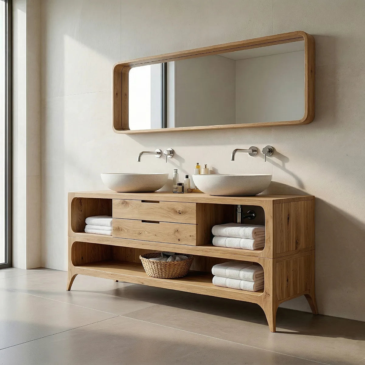 Handcrafted Natural Solid Wood Vanity Cabinet with Drawers and Open Shelves