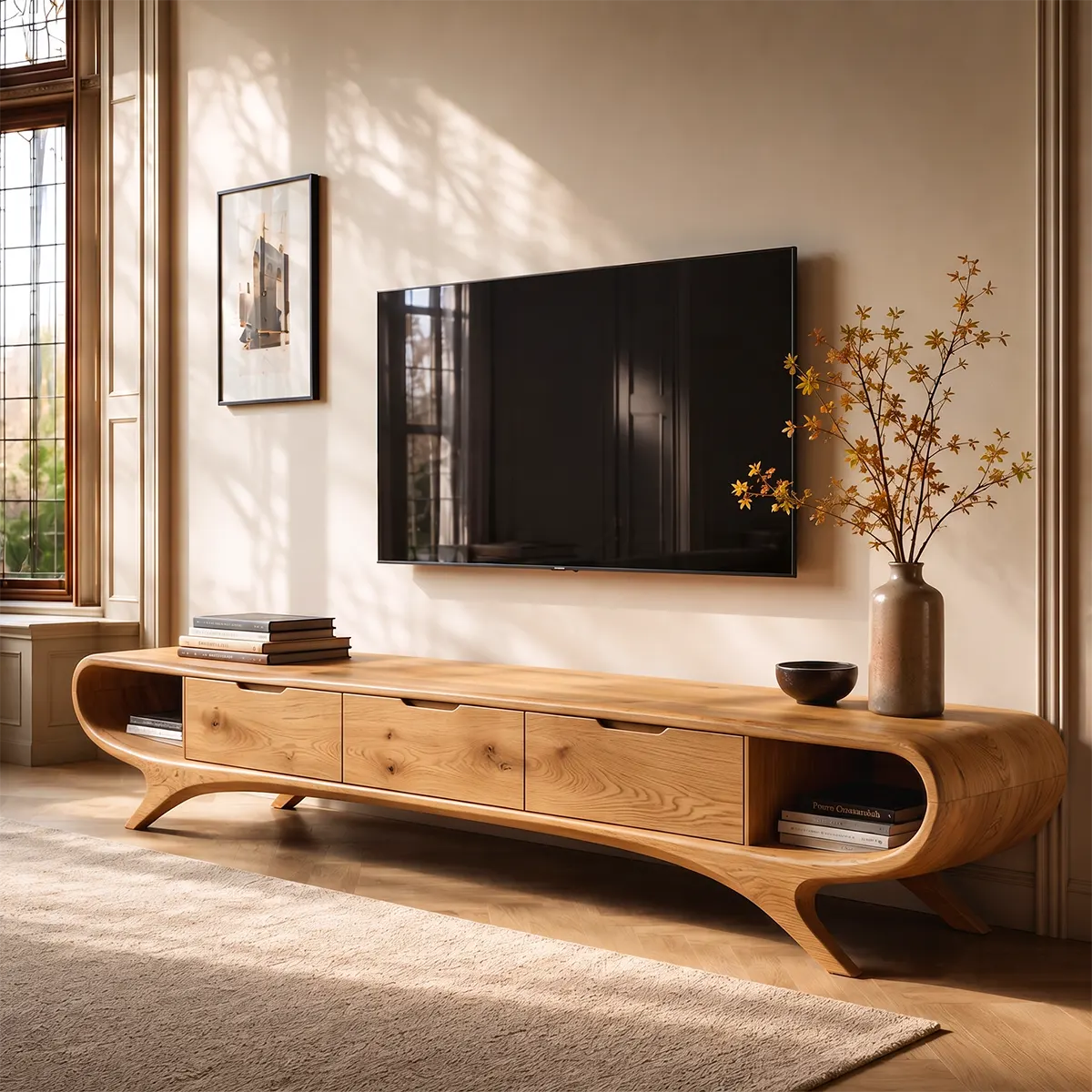 Modern Curved TV Stand with 3 Drawers & 2 Open Side Compartments TT006-3IYZ7XH