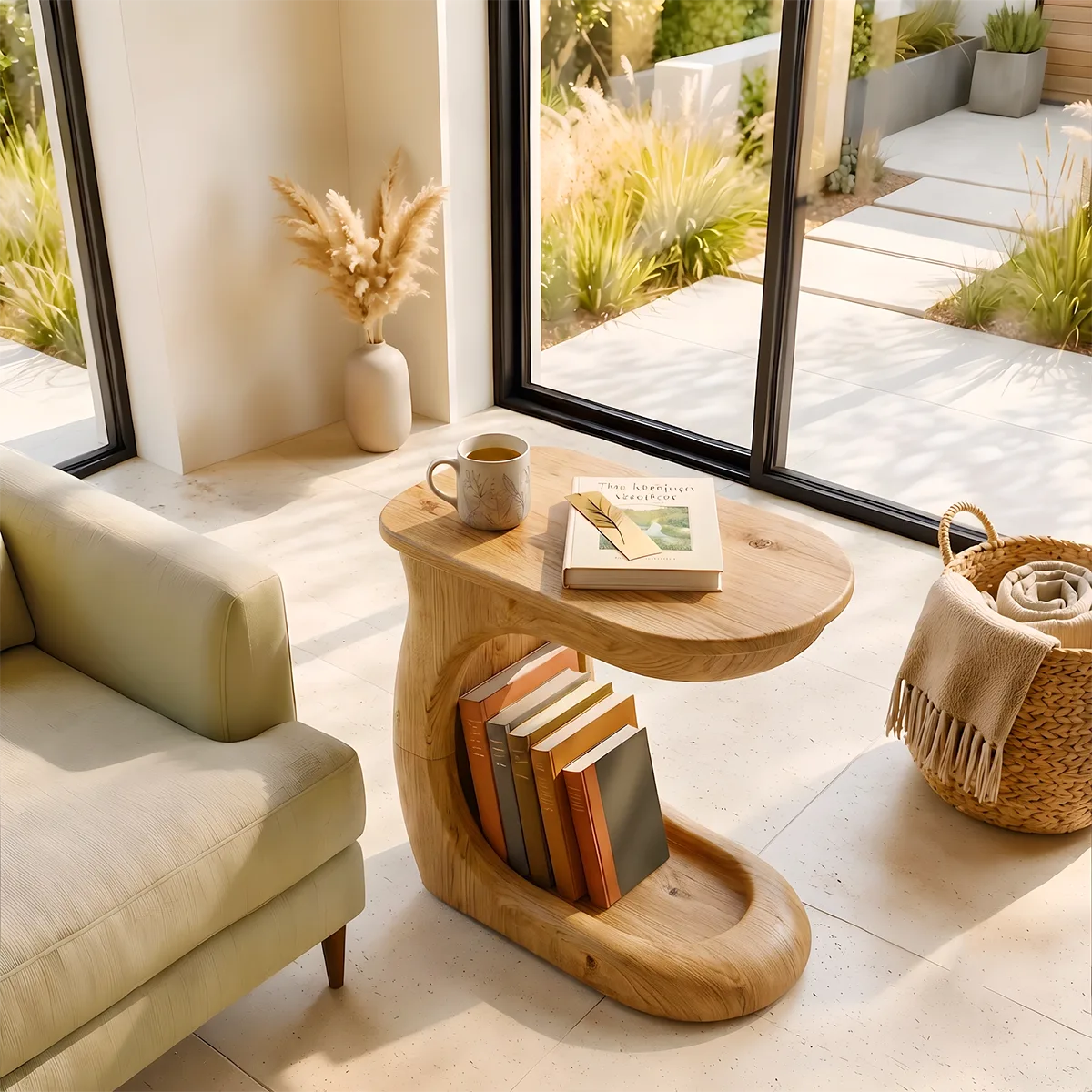 Modern C-Shaped End Table with Book Storage | Sculptural Sofa Side Table for Living Room HG021-7EFE3WW