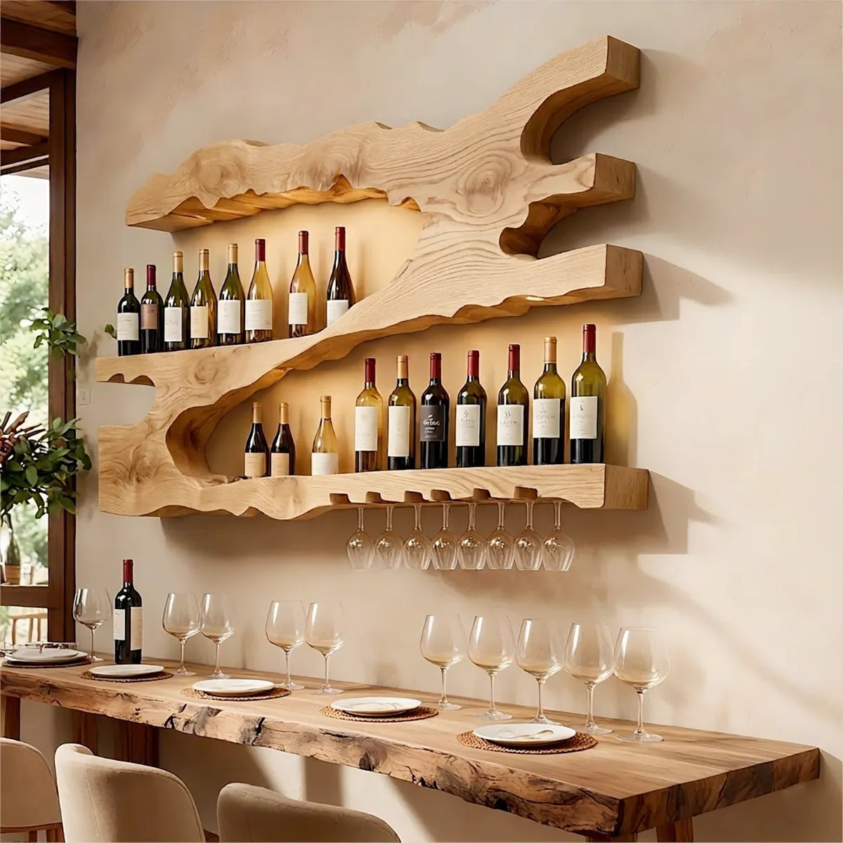 Live Edge Solid Wood Wall Wine Rack for Home Bars & Wine Lovers HG021-4091