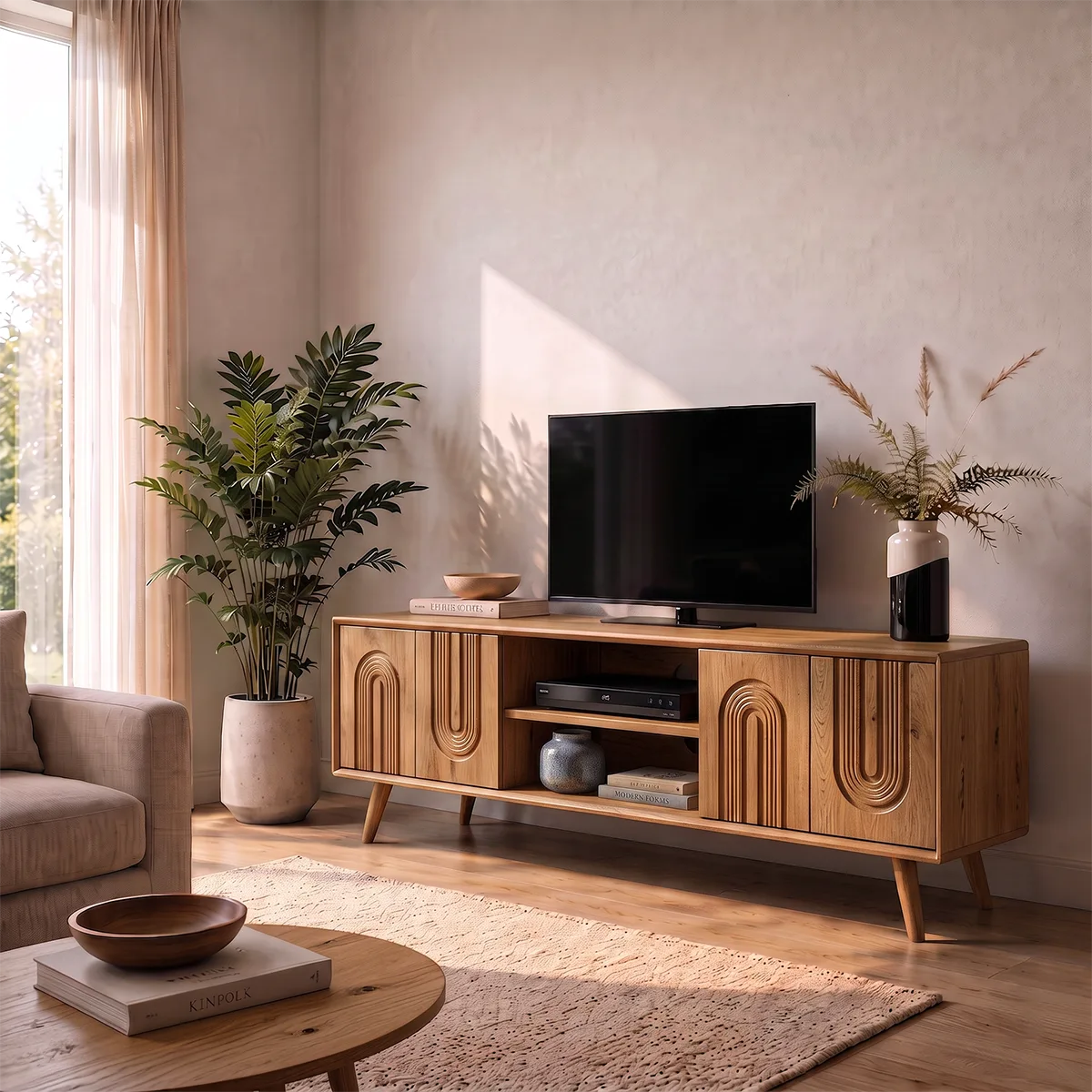 Fluted Arch Wood TV Stand with Open Shelves | Scultural Media Console HG021-8ITG9SJ
