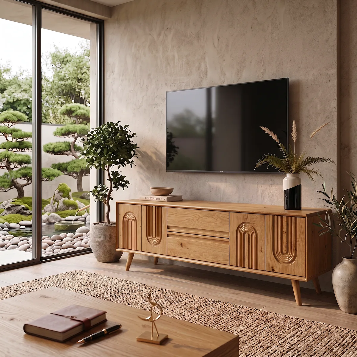 Fluted Arch Wood TV Stand with Drawers & Cabinets | Mid-Century Media Console HG021-6ZXL7DZ