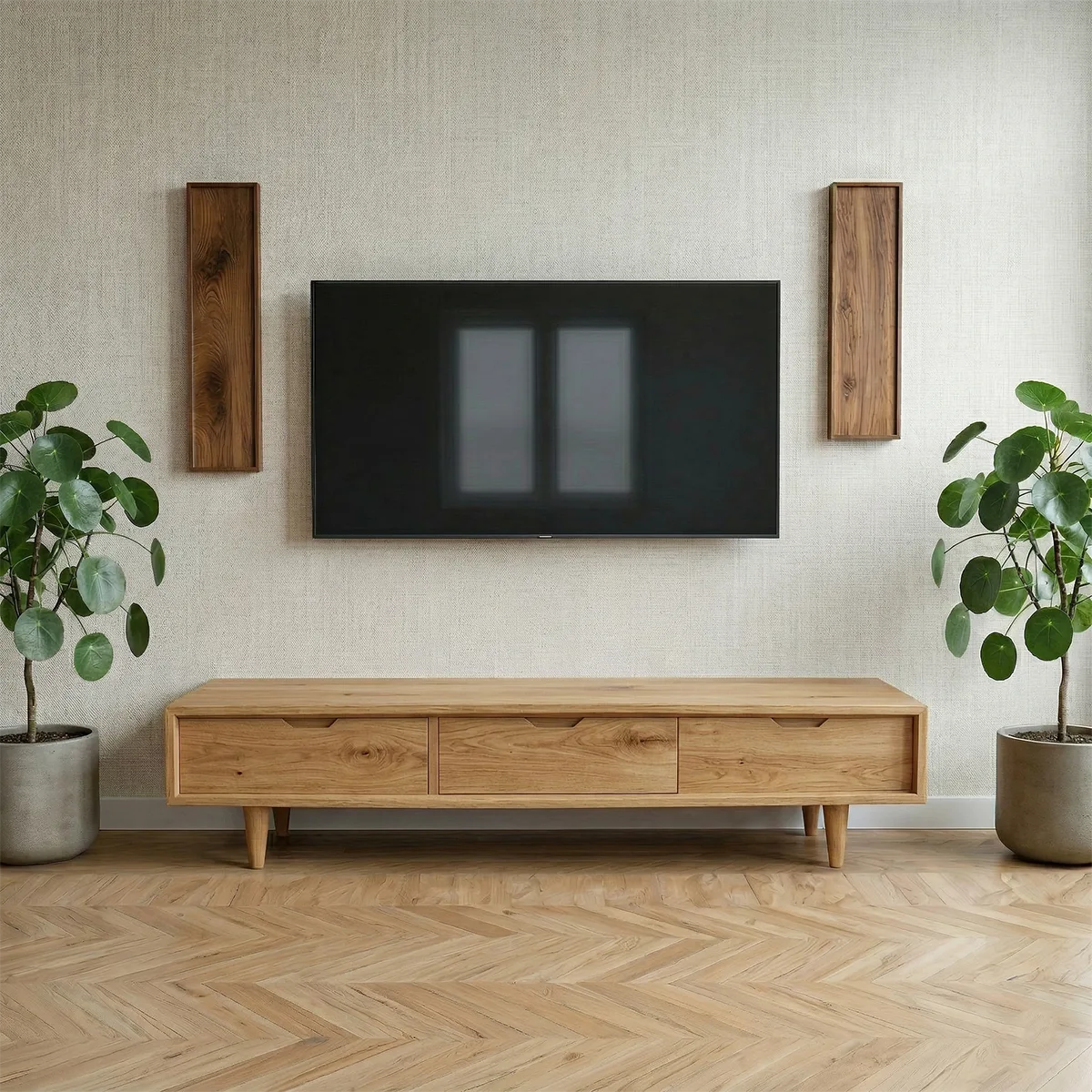 Solid Wood TV Stand with 3 Drawers and Low Mid-Century Profile