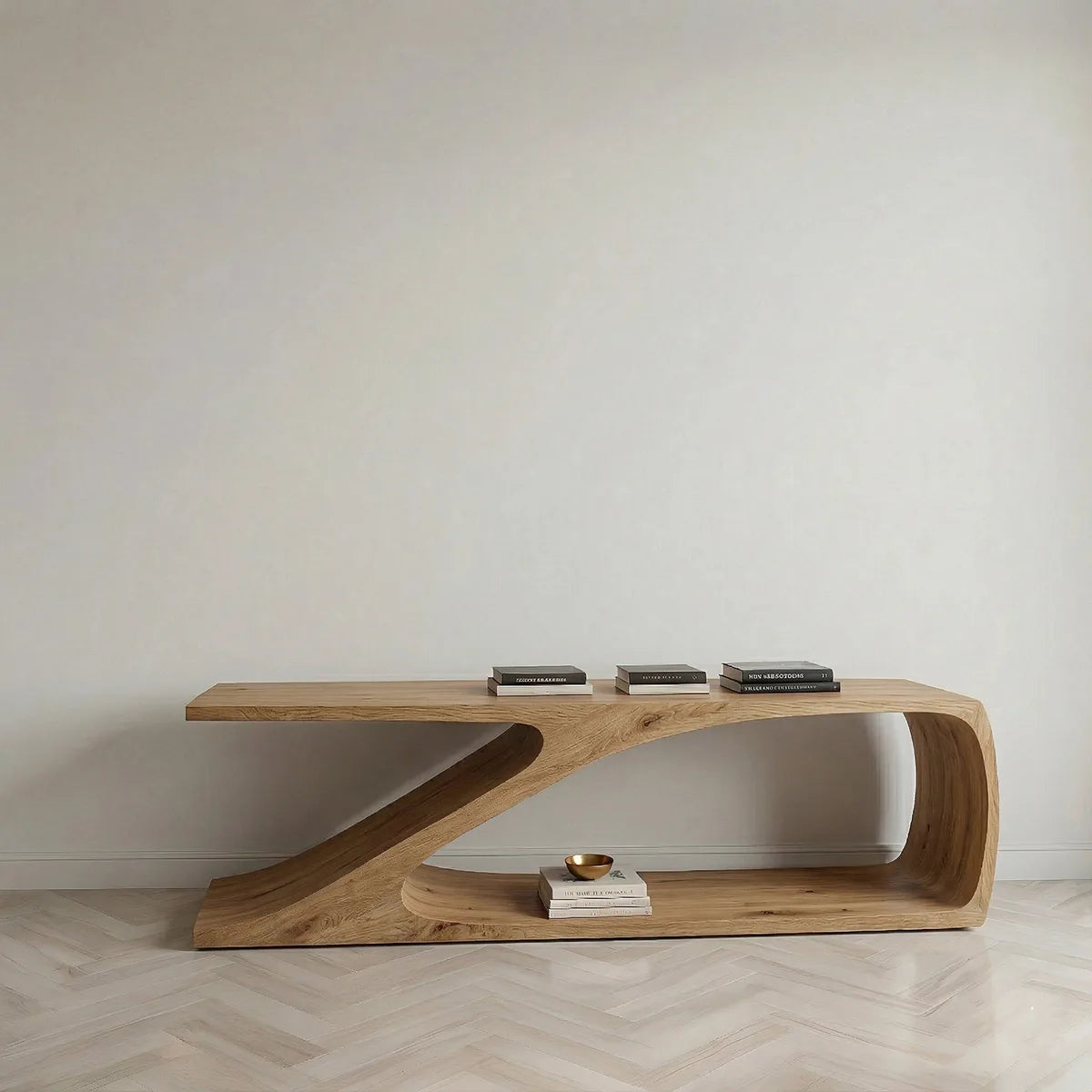 Solid Wood Sofa Console Table with Sculptural Curved Shelf Base