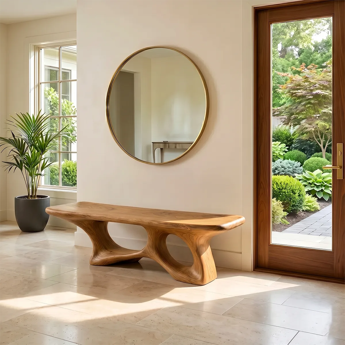 Sculptural Entryway Bench, Organic Modern Bench with Architectural Openwork Base TH003-5014