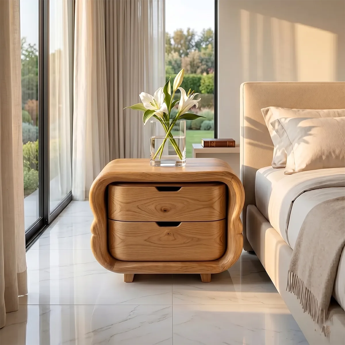 Modern Curved Nightstand | Sculptural 2 Drawer Bedside Table TH003-3504