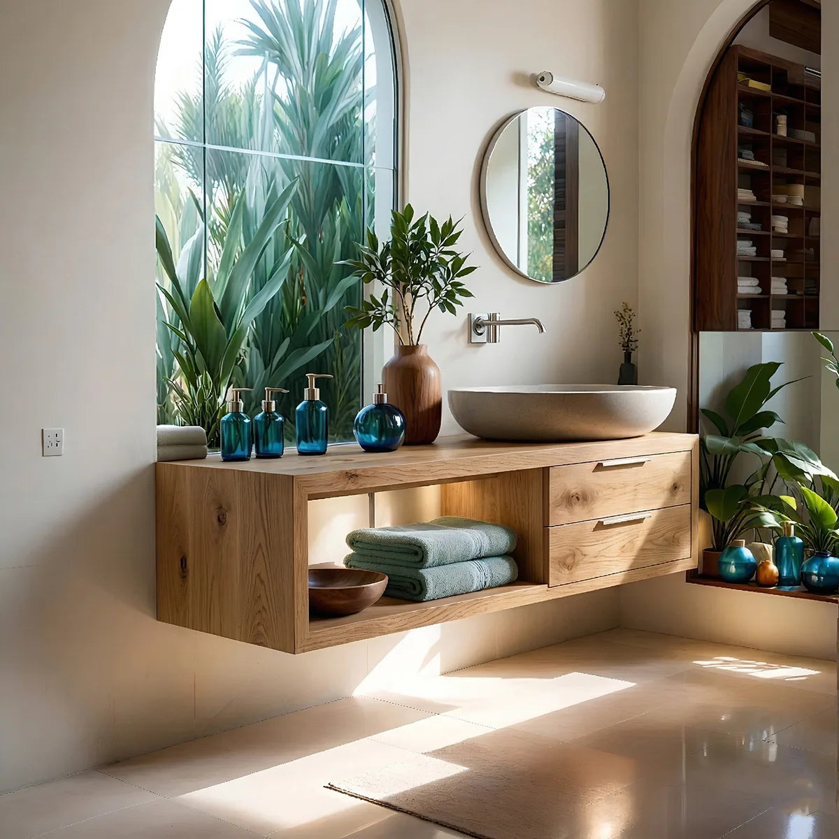 Natural Wood Floating Vanity Idea For Bathroom Upgrade