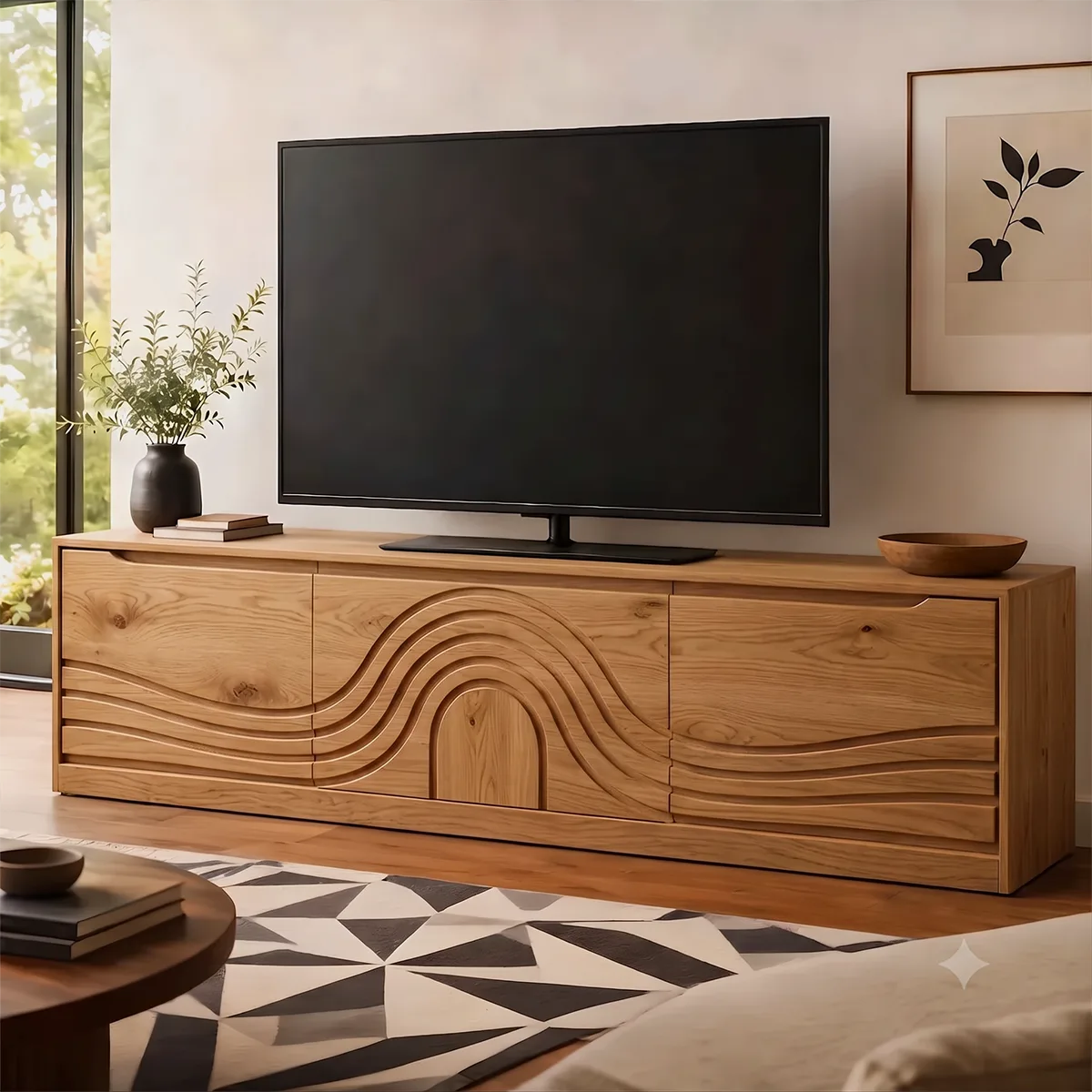 Wave Carved Wood TV Stand | Modern Low Profile Media Console HG021-2WFD3JN