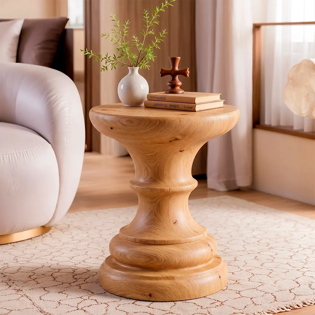 Sculptural Turned Wood Pedestal End Table | Round Statement Side Table TT006-1IPZ4IE