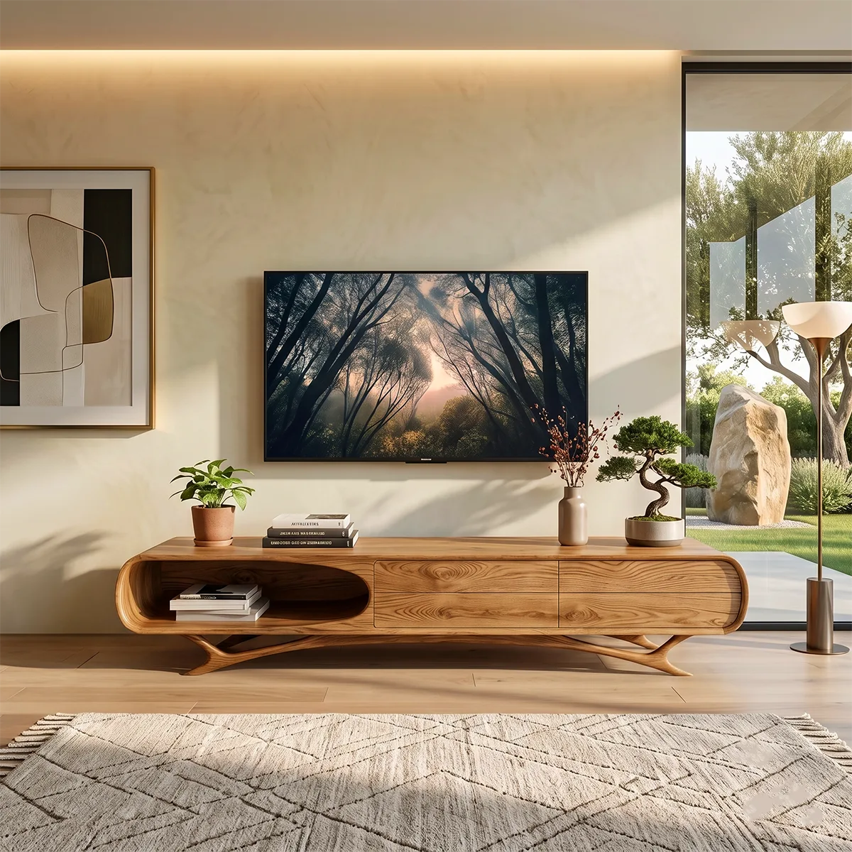 Curved Wood TV Stand with Drawers & Open Shelf | Modern Media Cabinet HG021-3QWT2KN