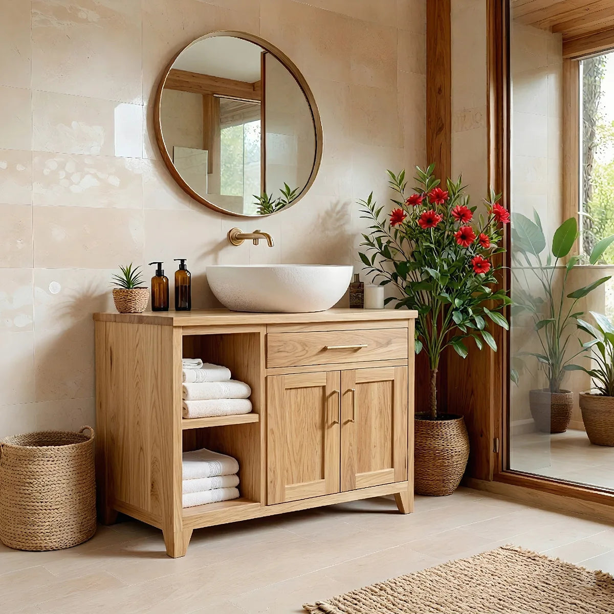 Traditional Bathroom Vanity Cabinet with Storage in Natural Solid Wood