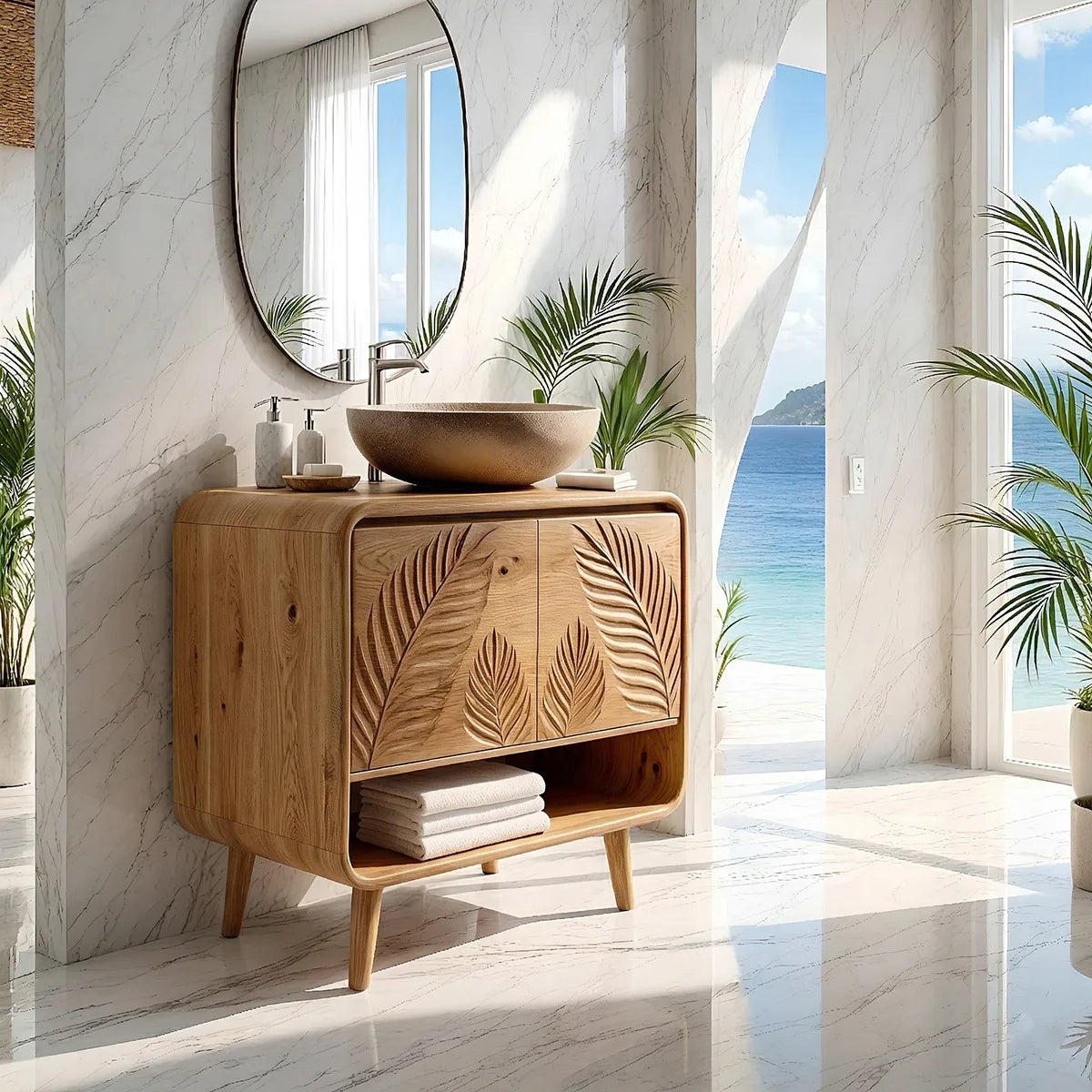 Handcrafted Solid Wood Vanity Cabinet with Carved Doors and Open Shelf