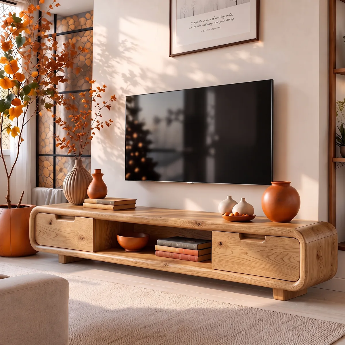 Modern Curved TV Stand with Enclosed Storage & Open Media Shelves TT006-2ORA2EF