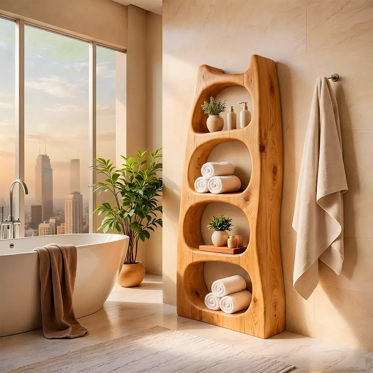 Tall Bathroom Storage Cabinet with Open Shelves | Sculptural Organic Modern Storage Tower TT006-3KAU7XR