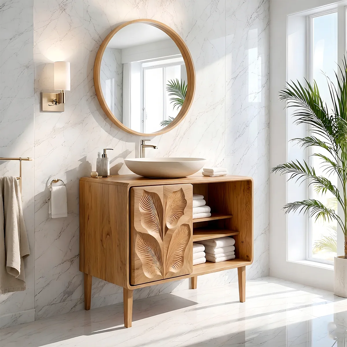 Leaf Carved Bathroom Vanity Cabinet with Open Shelving HG021-6447