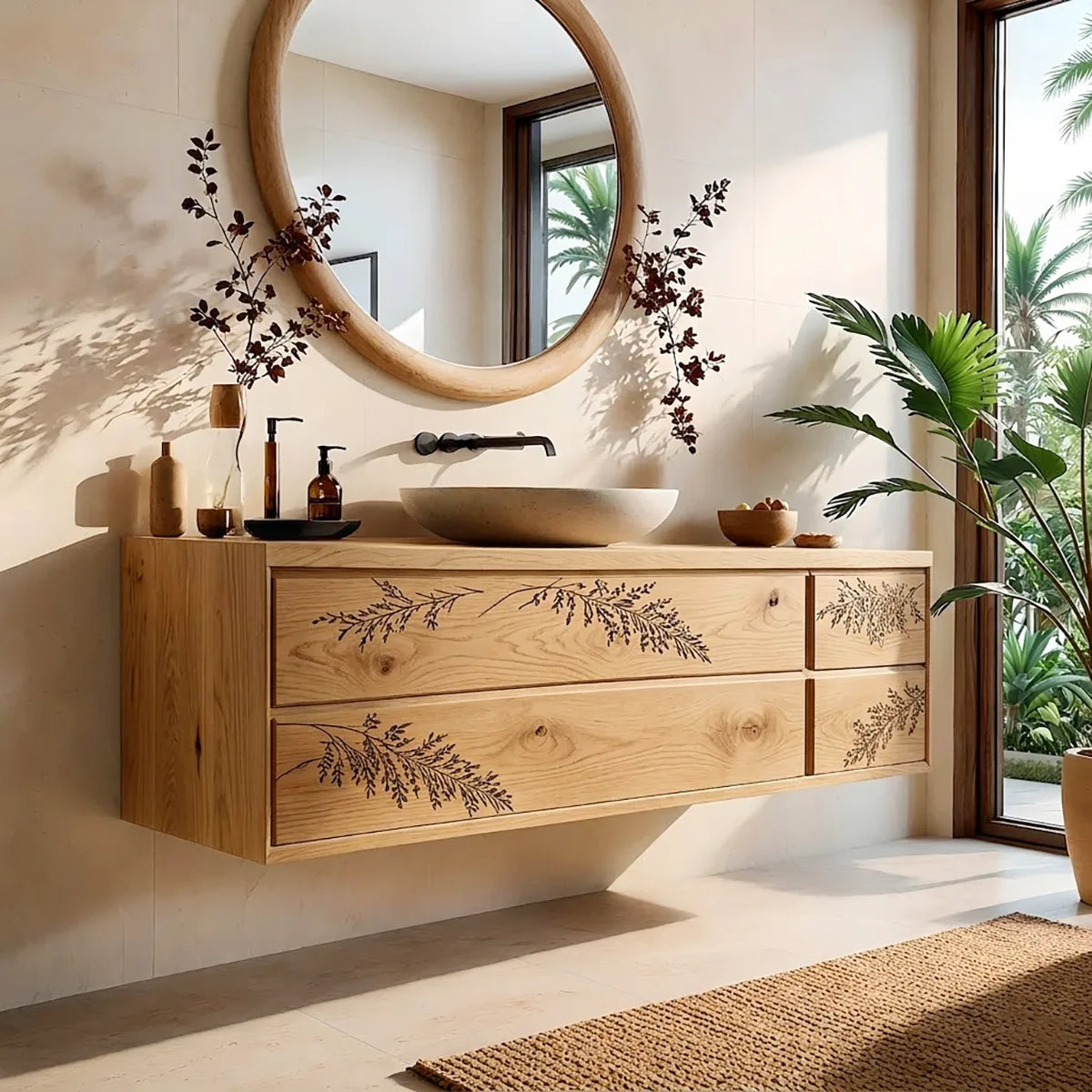 Floating Bathroom Vanity | Nature Inspired Wall Mounted Bathroom Cabinet HG021-6223
